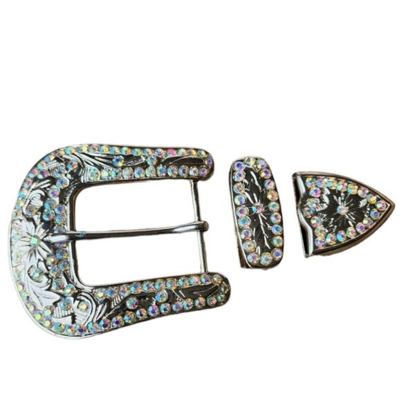 Iridescent Rhinestone Belt Buckle Set 3 Piece Western Cowgirl Bling - Picture 1 of 10